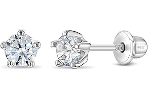 In Season Jewelry Plata Fina 925 Pendientes con Cierre de Circonita Transparente Juego de puntas Redondas Clásicas para Niñas Pequeñas con Cierre de Rosca Premium