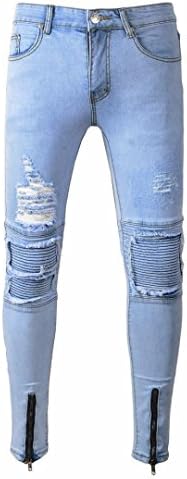 Mens Skinny Jeans Ripped Cuts Distressed Ripped Slit Knee Skinny Stretch Jeans Distressed Men's Denim Zipper Fashion Sweatpants by Quistal (34, Blue)
