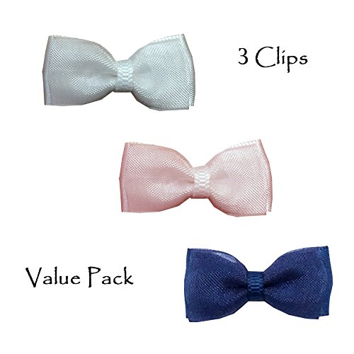 Baby Wispy Clippy - Organza hair bows - Best No Slip Barrette for Fine Hair (Pack 3: White/Pink/Navy)