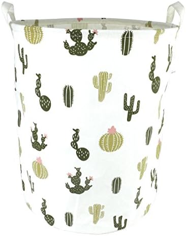 19.7" Large Sized Waterproof Coating Ramie Cotton Fabric Folding Laundry Hamper Bucket Cylindric Burlap Canvas Storage Basket with Stylish Cactus Design