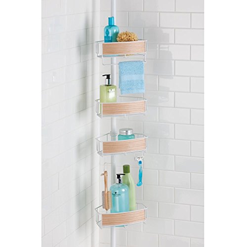 InterDesign RealWood Teleskop Duschregal | mit Handtuchhalter und Haken | hochwertige Duschablage ohne Bohren | vierfacher Duschkorb für mehr Stauraum | Metall mit Echtholz - 2