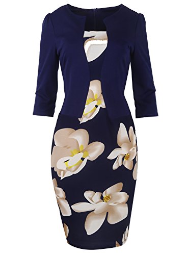 MisShow Robe Femme Chic Elégante pour Mariage Soirée Vintage année 1950s Moulante Fourreau Imprimée à Fleurs Bleu Marine XL