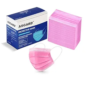 ASGARD Nonwoven Fabric Disposable 3 Ply Surgical Mask (Pink, Without Valve, Pack of 50) for Unisex