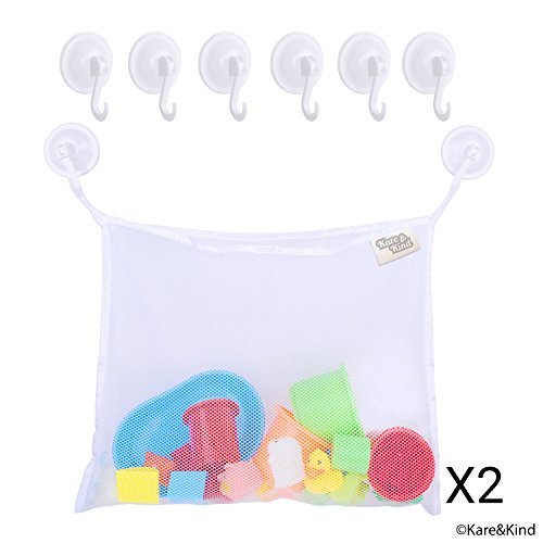 Kare & Kind Ensemble Organisateur de Jouets pour Le Bain - 2 Sacs à Maille Extra-Larges - 6 Crochets à Ventouse à Verrouillage Extra-Fort - Rangement Facile des Jouets pour Le Bain