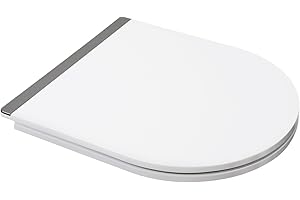 Fanmitrk Abattant de WC avec système d'abaissement automatique, en forme de D, blanc, 43 x 36 cm, abattant de WC en Duroplast avec fermeture rapide, avec bandes décoratives en métal brillant, UF00