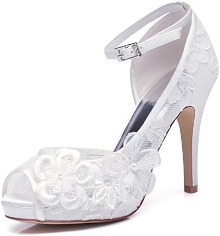 White Lace Wedding Shoes for Bridal with Floral Brooches Medium Heel 4inch Peep Toe-RS8860-Ivory