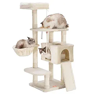 Heybly Cat Tree Cat Tower for Indoor Cats Multi-Level Cat Furniture Condo with Feeding Bowl and Scratching Board Light Gray HCT010M