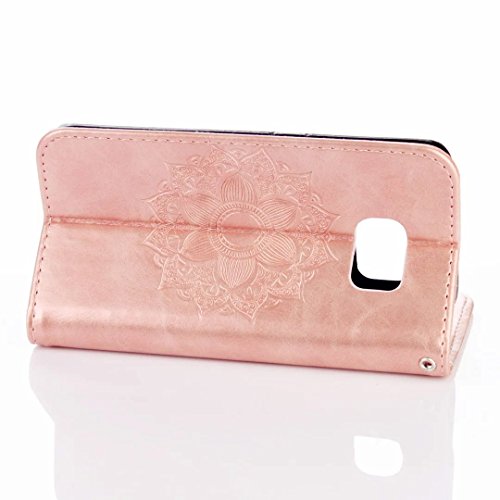 MUTOUREN Portemonnaie Handyhülle für Samsung Galaxy S7 Bookstyle Gürtelhändytasche Brieftasche PU Leder Wallet Case Cover Schutzhülle Hülle Etui mit Standfunktion Magnetverschluß Card Slots Kratzfeste Anti-scratch Premium Ledertasche Gepresste Blumen Indische Sonne Mandala Rosegold + Bleistift Touch Pen - 4