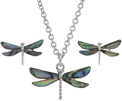 Ladies Paua Shell DragonFly Necklace And Earings Set