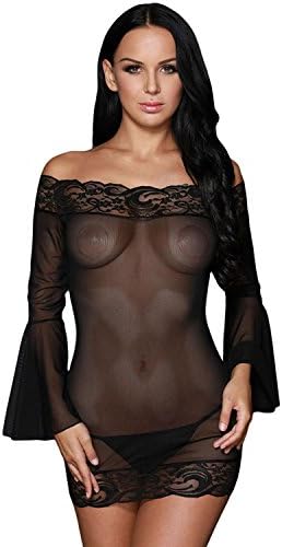 YRYMQU Sexy Lingerie Transparent lace Mesh splicing Off Shoulder pagoda sleeve Mini Dress Net yarn pajamas BLACK , S