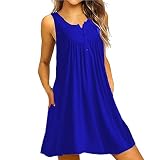 iHENGH Damen Sommer Rock Lässig Mode Kleider Bequem Frauen Röcke O Neck Casual Button Sleeveless Über dem Knie Kleid Lose Party Minikleid(Blau, S)