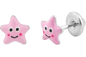 Turmalina by martina, Pendientes Bebé Niña, Estrella de Plata de Ley 925, Esmalte Rosa, Tamaño de 6 mm