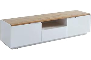 Vente-unique - Mobile TV 2 ante e 1 cassetto MDF laccato Bianco, Bianco e rovere - AMANI