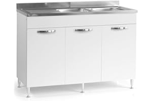 REDÒKASA Sottolavello per cucina componibile da 120 cm con tre ante, realizzata in legno 100% MADE IN ITALY (Con Lavello Vasche a Destra, Bianco Frassino)