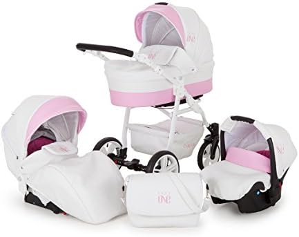 Lux4Kids Pram Pushchair Baby Carrier Set Trio Stroller Travel System Sports Seat attachment Carseat Carry Cot Mattress 3in1 VIP Luxury Made in EU Easy One White & Pink