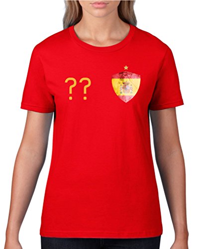Comedy Shirts – Spanien Trikot – Wappen: Klein – Wunsch – Damen T-Shirt – Rot / Gelb Gr. M