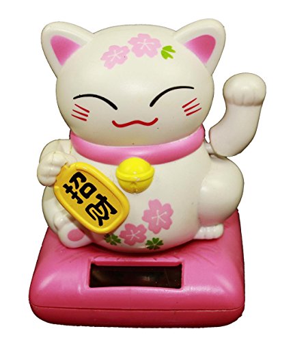 HAAC Solar Winkekatze Katze GLÜCKSKATZE Glücksbringer mit Kirschblüte 10 cm Farbe weiss - 4
