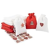 Set ideal para el calendario: 24 bolsas de tela (tamaño: 14 x 10 cm, el color rojo y blanco) son ideales para envolver dulces, vales u otros pequeños regalos; juego de 24 números de madera y tela con pegatinas: estrella, árbol, corazón patrones se pueden quitar fácilmente y pegar en la bolsa (tamaño aprox. 3 cm).