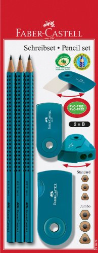 Faber-Castell 217074 - Bleistiftset Grip 2001, mit 3 Bleistiften, 1 Radierer und 1 Spitzer, petrol