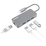 Lenovo USB-C to USB 3.0 Portable Data Hub with Ethernet Adapter and 3 USB 3.0 Ports, for Macbook Pro, XPS, Google Pixelbook and More Type C Devices, Gery