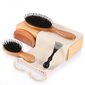 Hair Brush Kid Men Women - Soft Natural Boar Bristle & Nylon Hairbrush - Bamboo Hair Brushes & Comb Set for Long Short Thick Thin Wavy Curly Hair - Wooden Paddle Brush for Wet Dry Detangler Smoothing