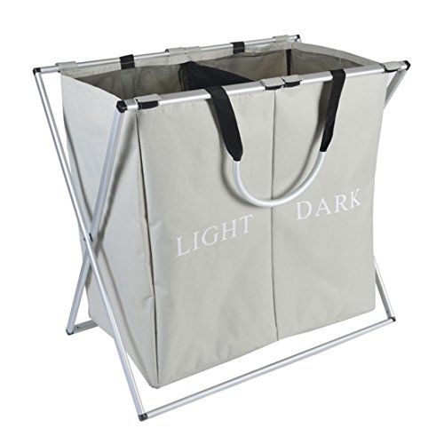 IHOMAGIC Double Sections Light and Dark Laundry Basket - Sturdy Aluminum X-Frame - Large Capacity - Folding Washing Clothes Storage Bins Hamper, Grey