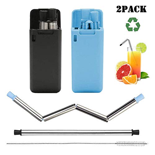 BYBOT Lot de 2 pailles Pliables réutilisables en Acier Inoxydable et Silicone de qualité Alimentaire, Ensemble Portable avec étui Rigide et Brosse de Nettoyage, pour fête, Voyage (Bleu & Noir)