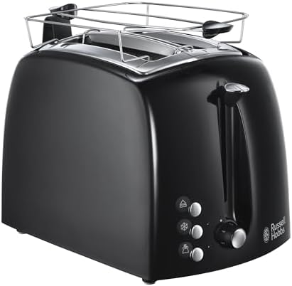 Russell Hobbs Tostapane, 2 Fette, 850 W, Griglia Integrata Scaldapanini, Toast, Scaldabrioche, Funzione Scongelamento, Raccoglibriociole, Temperatura Regolabile, Textureplus+, 22601-56, Nero