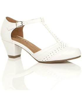 Damen Mitte Blockabsatz T-Riemen Ausgeschnitten Budapestern T-Spangen Pumps Sandalen Größe