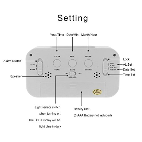 JUYUAN-EU Digital NachtSensor Wecker LED Snooze Taste Alarm Clock – Beleuchtung Reisewecker Licht aktivierten Sensor-Hintergrundbeleuchtung Weiss - 3