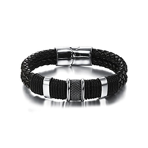 MESE London Pulsera Trenzada de Cuero Genuino Negro de Acero Inoxidable 'The Battleborn' en Caja de Regalo Elegante