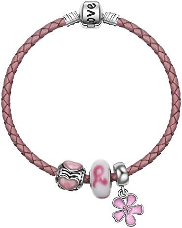 Elegant Braided Leather Charm Bracelet with Silver Barrel Clasp (Pink, 19 cm Single Braided With Charms)