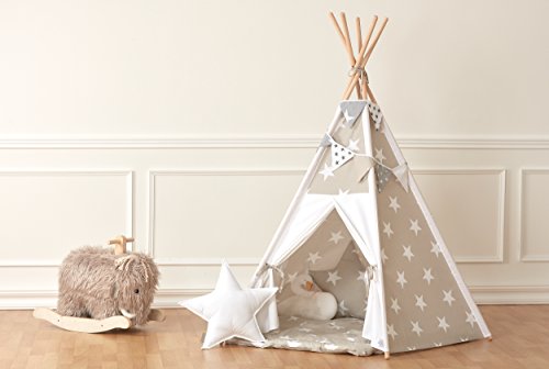 Preisvergleich Produktbild KraftKids Spielzelt Tipi große weiße Sterne auf Beige / Uniweiss inkl. Spielmatte