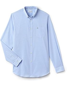 LACOSTE CH3975-R6F Camicia Quadretto Celeste Button Down Con Taschino 100%Cotone Regular Fit Uomo