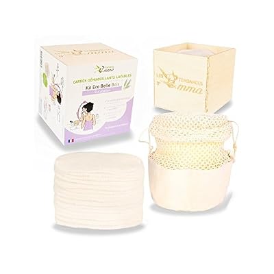 Les Tendances D Emma Kit Eco Belle bois: 15 carrés démaquillants lavables Coton Bio Biface + filet + boite en bois