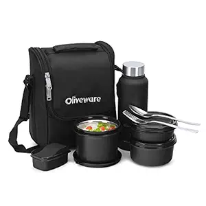 oliveware Teso Pro Lunch Box with Bottle 3 Stainless Steel Containers Plastic Pickle Box Steel Spoon & Fork Insulated Fabric Bag Leak Proof Microwave Safe Full Meal Easy to Carry (Black)