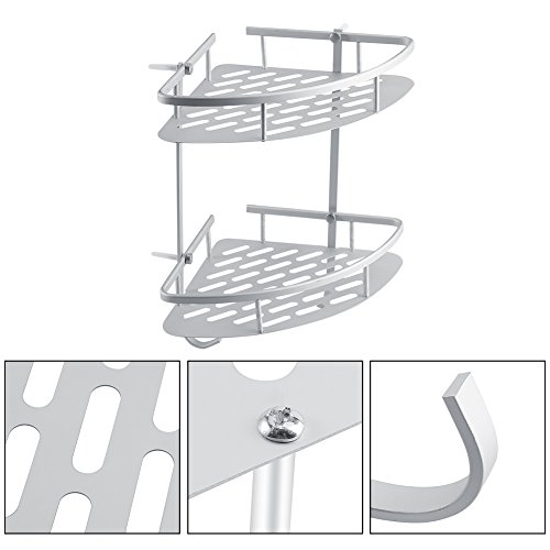 Yosoo Badzimmer 2 Etagen Duschablage mit Handtuch Haken aus Aluminium Duschregal Duschkörbe Eck-Badregal Eckregal ca. 31 x 21cm - 3