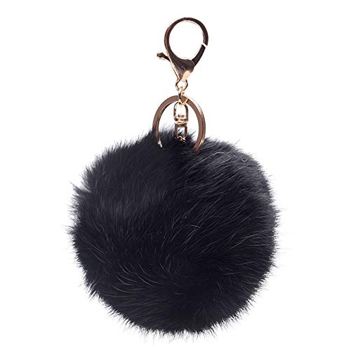 Preisvergleich Produktbild Sungpunet Künstlicher Hasenfell-Schlüsselanhänger mit vergoldetem Schlüsselanhänger und Plüschball für Autoschlüsselanhänger, Handy oder Tasche, Schwarz