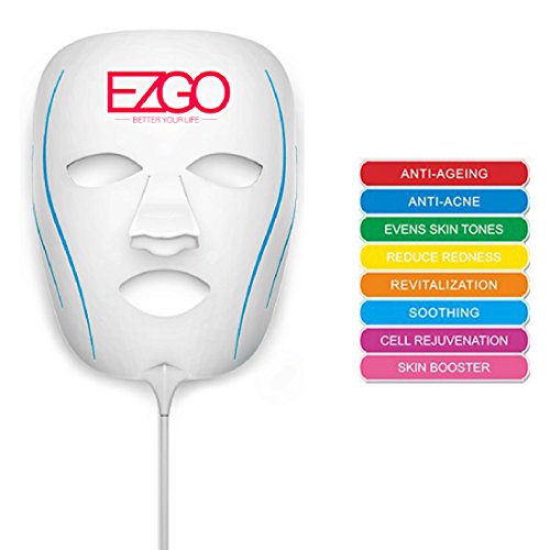 EZGO LED Facial Mask 7+1 Red, Facial Mask for Anti Aging, Anti Acne, Evens Skin Tones, Reduce Redness, Revitalization, Smoothing, Cell Rejuvenation, Skin Booster, Light Technology Patented Contoured Light Facial Mask, CE Available