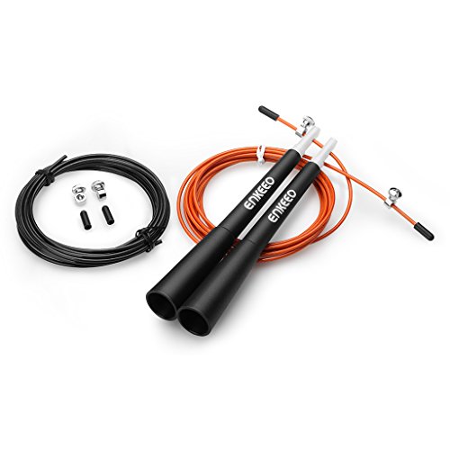 Enkeeo Profi Springseil Speed Rope mit 1 Ersatzseil leichtes verstellbares Stahlseil, Ideal für Sport & Fitness, Boxen, MMA, Faszien Training, Crossfit, WOD mit Transporttasche - 4
