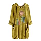 iHENGH Damen Top Bluse Lässig Mode T-Shirt Frühling Sommer Frauen Bequem Blusen Casual Print Lange Ärmel Seitentasche Mit Kapuze Unregelmäßige Tops Shirts
