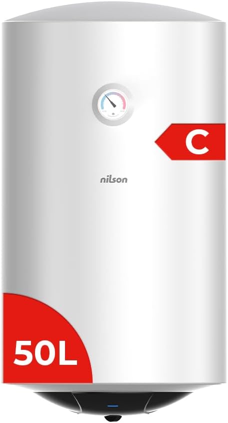 Nilson Termo Eléctrico Vertical 50 Litros NT5000. Instalación Vertical, 1500W, Incluye Kit de Montaje, Resistencia de Acero inoxidable, Blanco, Eficiencia Energética Clase C