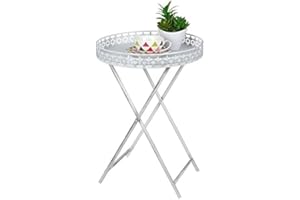 Spetebo Shabby Chic stolik pomocniczy z tacą – antyczny stolik kawowy – metalowy stół w kwiaty biały