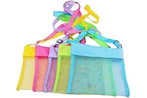 LEMAXELERS 5 pezzi borsa da spiaggia in rete colorata con conchiglie, traspiranti, da spiaggia, con cinghie regolabili per riporre giocattoli, 5 pezzi