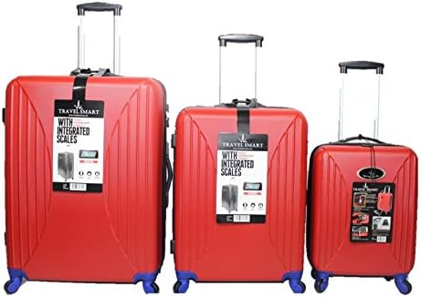 Suitcase Set RED Travel Smart Hard Shell ABS Built In Weighing Scale, 2x USB Port, 1x Micro USB Port Battery By Vivien Kondor - Cabin, Medium, Large - , 3.5mm Audio Port, 360 Swivel Wheels, TSA Lock
