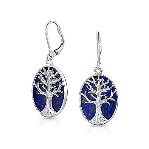 Bling JewelryLarge Oval Gemstone Blue Lapis Lazuli Turquoise Abalone Shell Lever Back Mother Of Pearl Family Tree Of Life Dangle Earrings Western Jewelry For Women .925 Sterling Silver