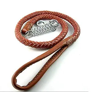 Petworld Heavy Duty Padded Leather Braided Dog Leash with Stainless Steel Buffer Spring 4.2 FT - Perfect for Large Dog or Medium Dog - Dual Padded Handles (Brown)