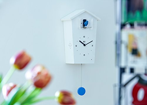 KooKoo BirdHouse weiss Wanduhr mit 12 natürlichen Vogelstimmen aus der Natur oder Kuckuck Kuckucksuhr moderne design Singvögel Uhr mit Pendel - 6