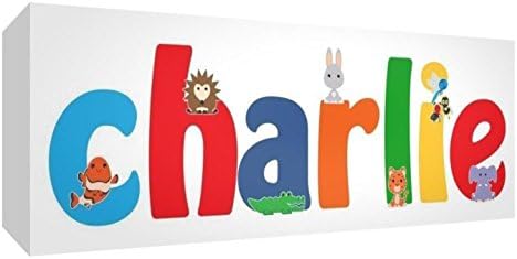 Feel Good Art Gallery Wrapped Nursery Box Canvas with Solid Front Panel Rectangle Design Cute Illustrations and Personalised with Boy's Name (15 x 42 x 4 cm, Small, Charlie)