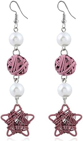 Hmeng Bohemia Women's Retro Pearls Tassel Ball Drop Dangle Cute Star Statement Stud Earrings (Red)